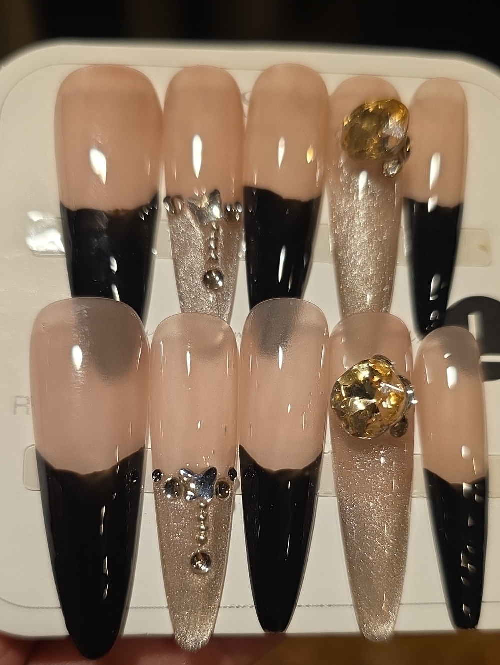 Glam Nude & Black Stiletto Press-On Nails with Gold Accent Size Large
